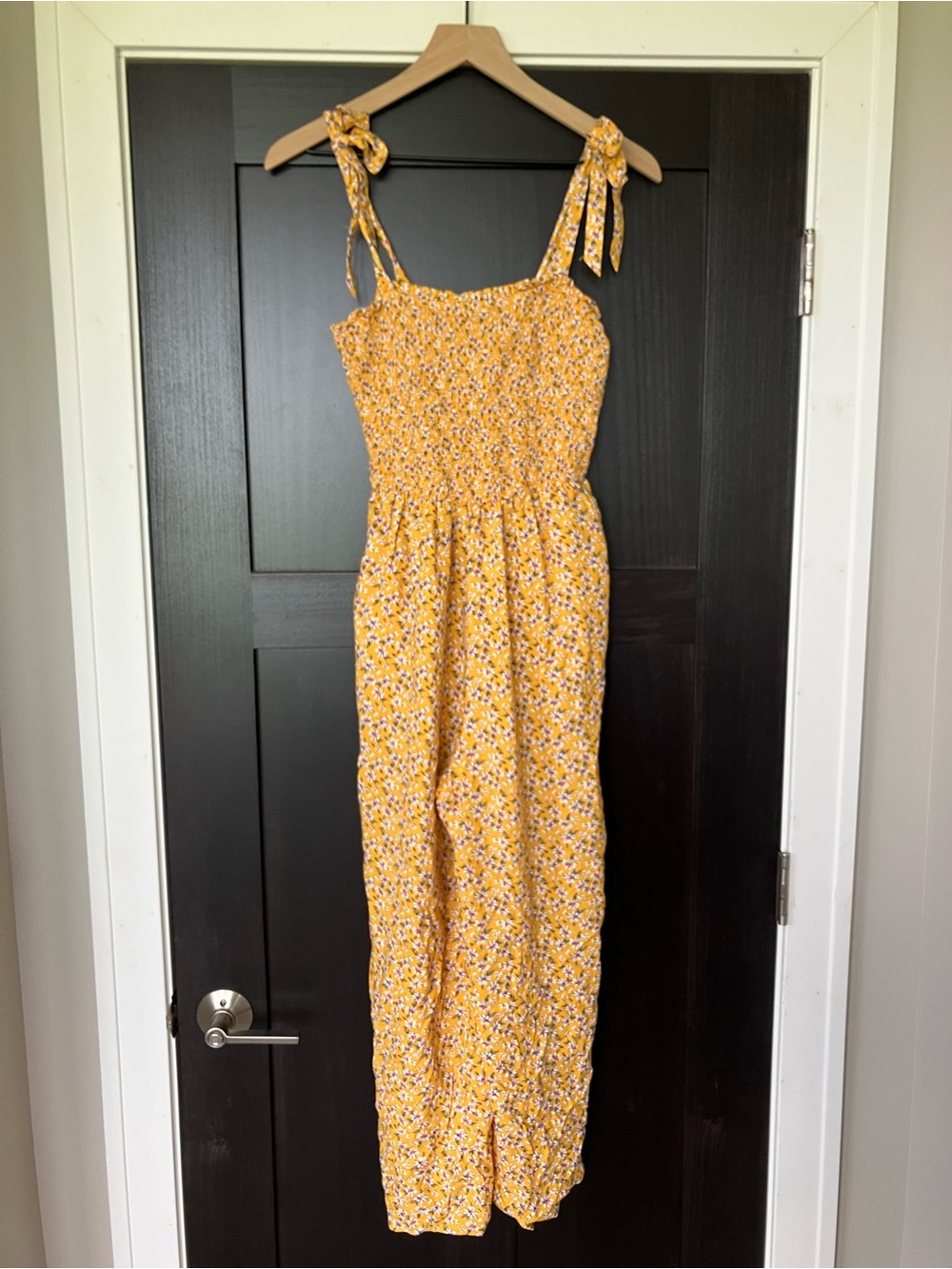 Hollister Yellow Floral Tie-Shoulder Smocked Jumpsuit